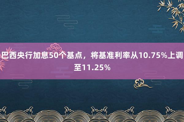 巴西央行加息50个基点，将基准利率从10.75%上调至11.25%